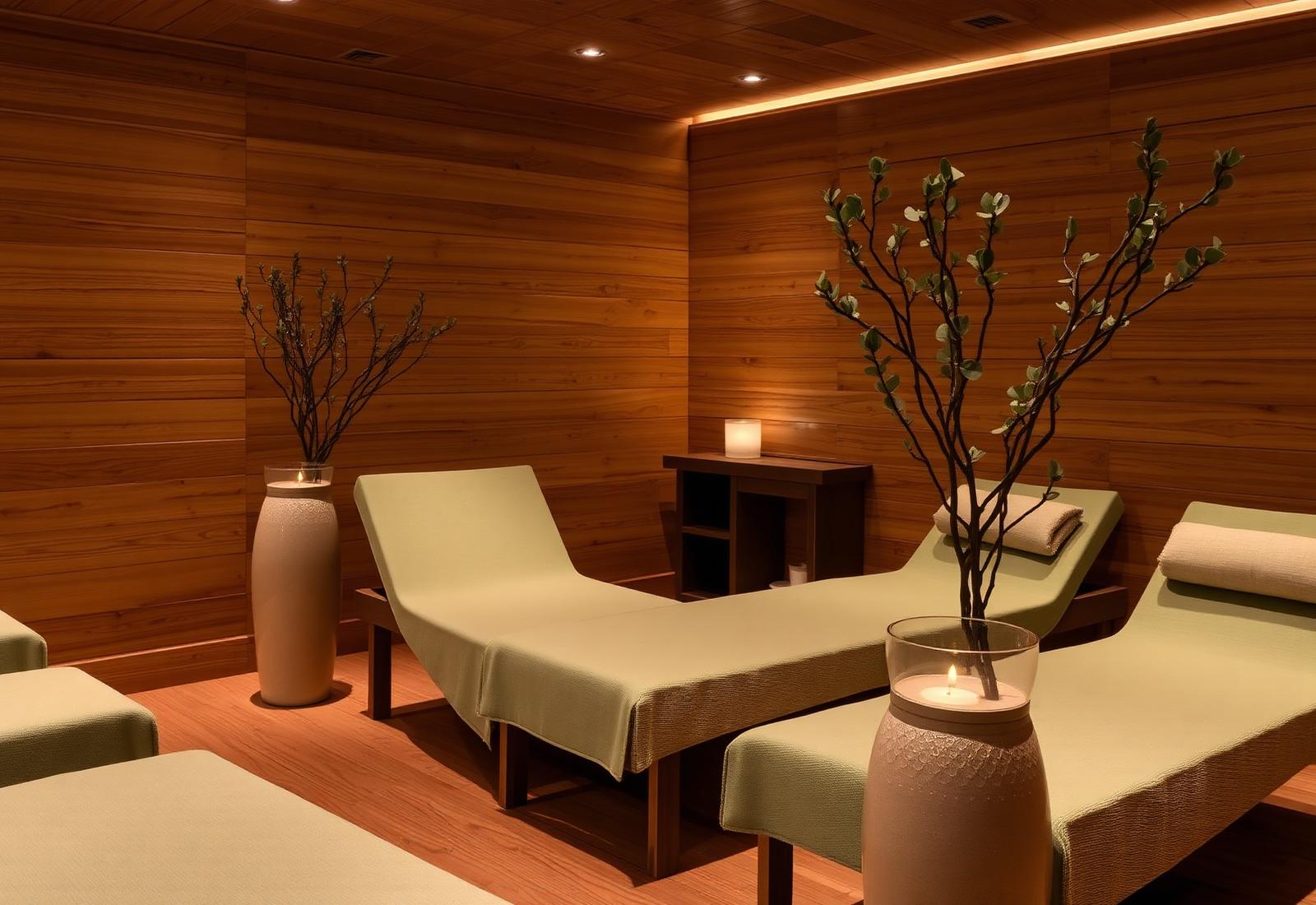 Relaxation lounge with cedar walls and sage linens